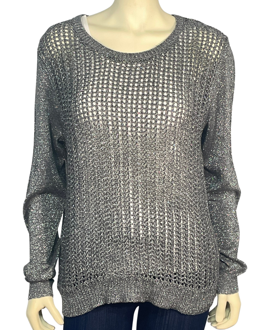 3-FOR-$30 Kenneth Cole Sz L Misha Pullover Sweater Mesh Knit Sparkly Silver New